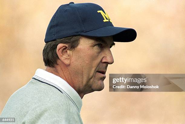 Head Coach Lloyd Carr of the Michigan Wolverines watches the action from the sidelines during the game against the Michigan State Spartans at the...