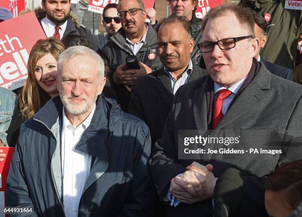 Labour leader Jeremy Corbyn in Stoke-on-Trent where he was congratulating the city's new MP, Gareth Snell who fought-off a challenge by Ukip leader...