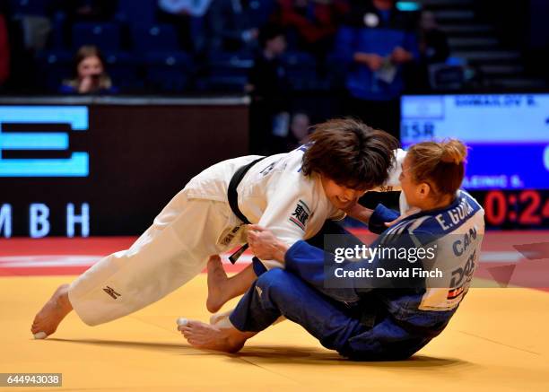 Ai Shishime of Japan throws Ecaterina Guica of Canada to reach the u52kg bronze medal contest during the 2017 Dusseldorf Grand Prix at the Mitsubishi...