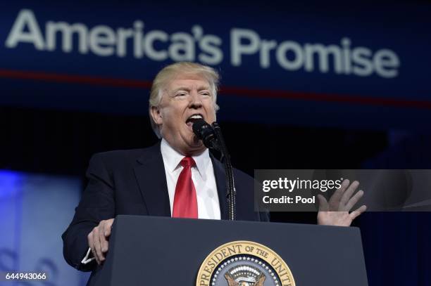 President Donald Trump delivers remarks to the Conservative Political Action Conference on February 24, 2017 in National Harbor, Maryland. Hosted by...