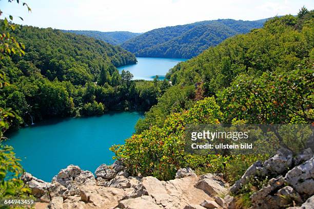 Blick auf die Seen Milanovac und Jezero Kozjak im Nationalpark Plitvicer Seen / Nacionalni park Plitvicka jezera oder Plitvice, Kroatien