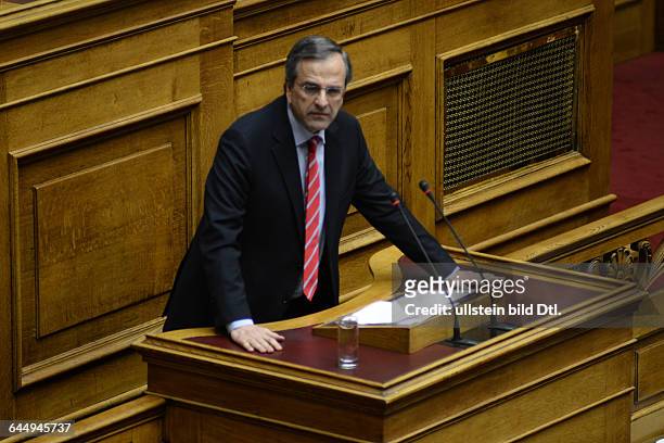 Opposition leader Antonis Samaras delivering his speech