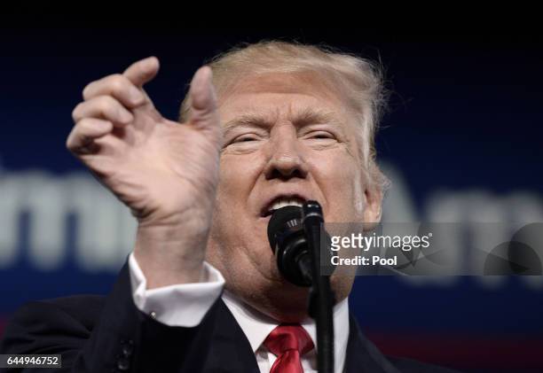 President Donald Trump delivers remarks to the Conservative Political Action Conference on February 24, 2017 in National Harbor, Maryland. Hosted by...