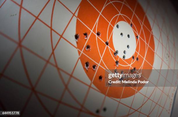 close-up of 100-yard target with bullet holes - tiro a segno foto e immagini stock