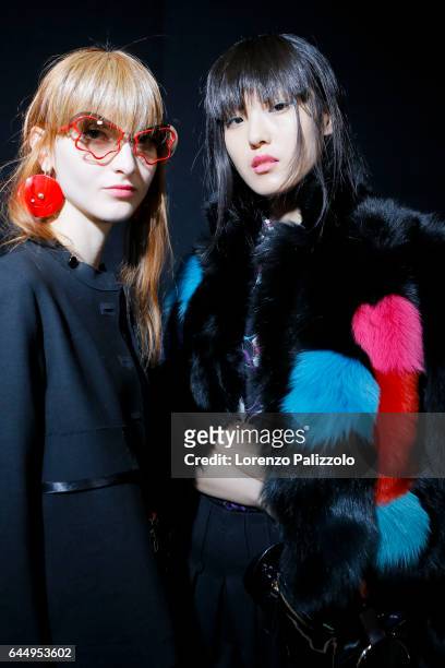 Models are seen backstage ahead of the Emporio Armani show during Milan Fashion Week Fall/Winter 2017/18 on February 24, 2017 in Milan, Italy.