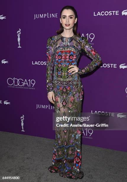 Actress Lily Collins arrives at the 19th CDGA at The Beverly Hilton Hotel on February 21, 2017 in Beverly Hills, California.