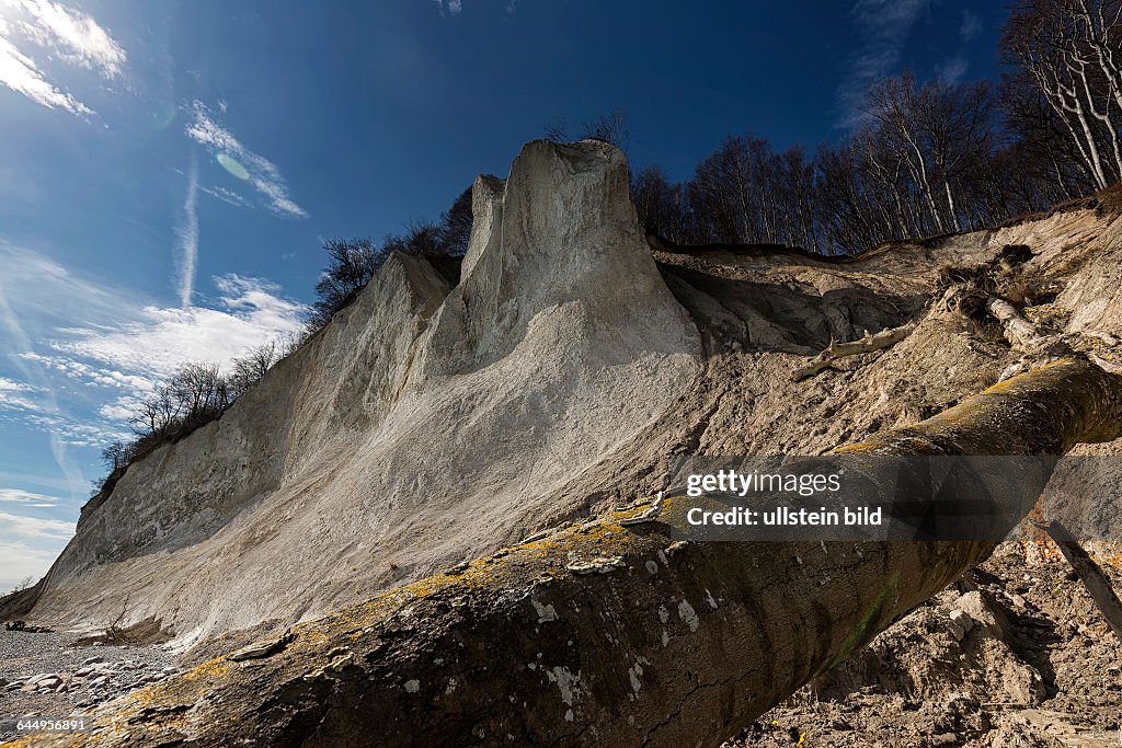 Ruegen, erosion, the chalk cliffs in the national park at the island of Ruegen in spring time, April 08, 2015, Mecklenburg-Western Pomerania, Sassnitz, Germany