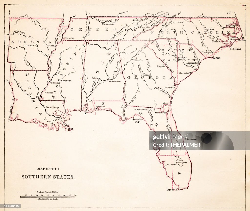 Drawing Map of Southern states USA 1883