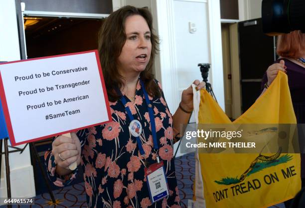 Jennifer C. Williams of Trenton, New Jersey, speaks to the media about transgender issues at the Conservative Political Action Conference at National...