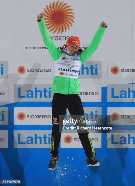 Gold medalist Carina Vogt of Germany celebrates following the Women's Ski Jumping HS100 during the FIS Nordic World Ski Championships on February 24,...