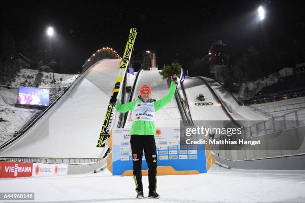 Gold medalist Carina Vogt of Germany celebrates following the Women's Ski Jumping HS100 during the FIS Nordic World Ski Championships on February 24,...