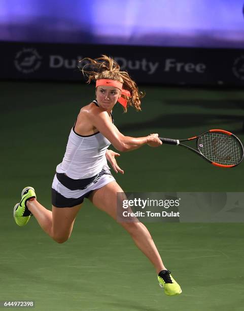 Elina Svitolina of Ukraine returns a shot during her semi final match against Angelique Kerber of Germany on day six of the WTA Dubai Duty Free...