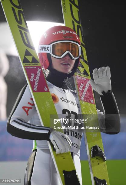 Katharina Althaus of Germany waves to a TV camera prior to competing in the Women's Ski Jumping HS100 during the FIS Nordic World Ski Championships...