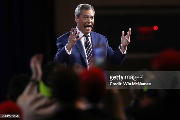 British politician Nigel Farage addresses the Conservative Political Action Conference at the Gaylord National Resort and Convention Center February...