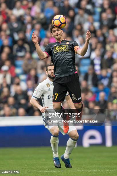 Gerard Moreno Balaguero of RCD Espanyol fights for the ball during the match Real Madrid vs RCD Espanyol, a La Liga match at the Santiago Bernabeu...