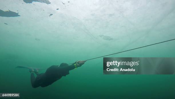 Turkish free diver Derya Can Gocen dives while breaking a new world record with a 120-meter horizontal dive in the ice-covered Lake Weissensee in...