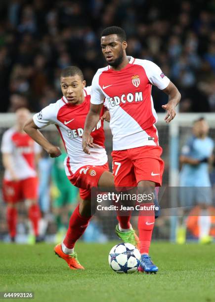 Thomas Lemar of Monaco and Kylian Mbappe in action during the UEFA Champions League Round of 16 first leg match between Manchester City FC and AS...