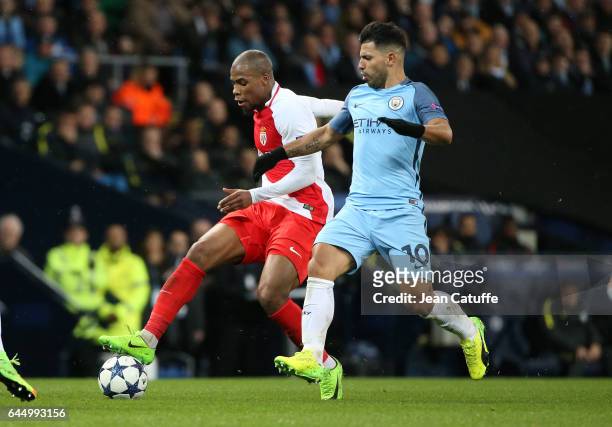 Djibril Sidibe of Monaco and Sergio Aguero of Manchester City in action during the UEFA Champions League Round of 16 first leg match between...