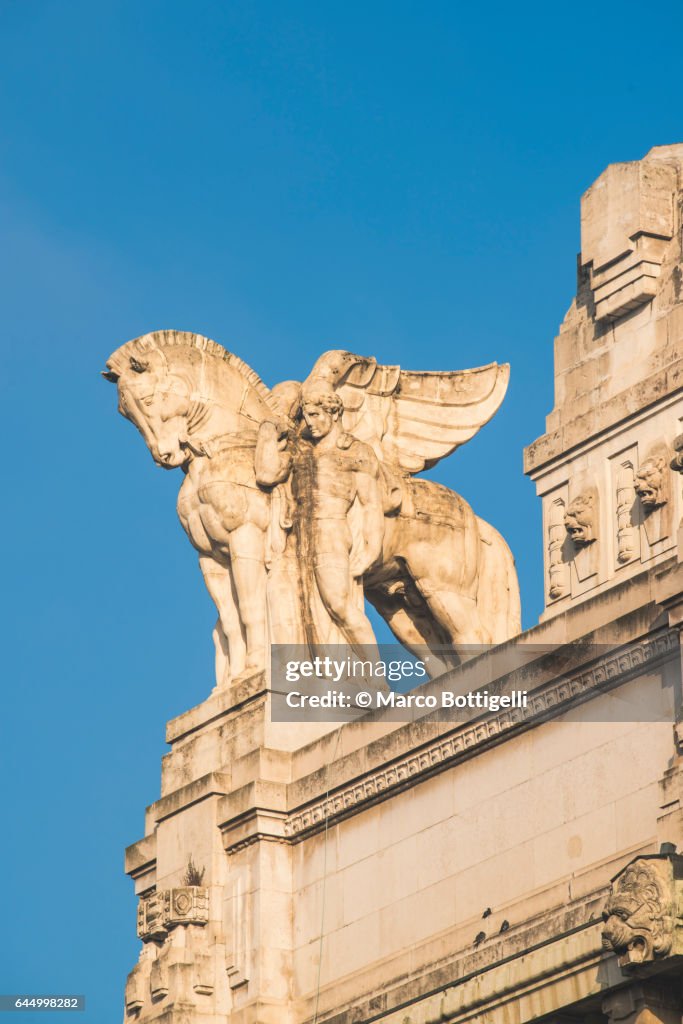 Architectural details of the Central Station (Stazione Centrale). Milan, Italy.