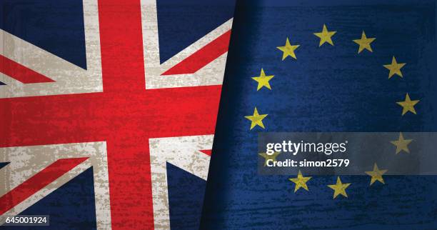 united kingdom and european union flag with grunge texture background - eu flag union jack stock illustrations