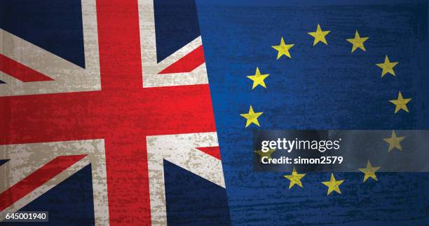 united kingdom and european union flag with grunge texture background - grunge union jack stock illustrations