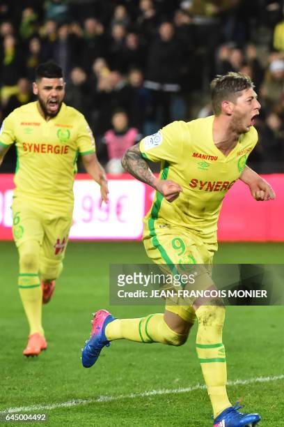 Nantes' Argentinian forward Emiliano Sala celebrates celebrates after scoring a penalty during the French L1 football match between Nantes and Dijon...