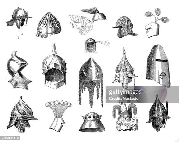 historic war helmets - traditional helmet stock illustrations