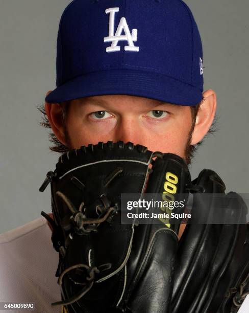 Clayton Kershaw of the Los Angeles Dodgers poses on Los Angeles Dodgers Photo Day during Sprint Training on February 24, 2017 in Glendale, Arizona.