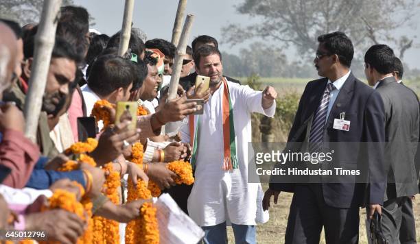Congress Vice President Rahul Gandhi at election campaign rally at Kisan Inter Collage, Bhanpur on February 24, 2017 in Basti, India.