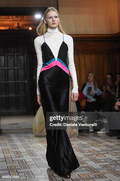 Model walks the runway at the Vionnet show during Milan Fashion Week Fall/Winter 2017/18 on February 24, 2017 in Milan, Italy.