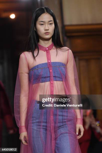 Model walks the runway at the Vionnet show during Milan Fashion Week Fall/Winter 2017/18 on February 24, 2017 in Milan, Italy.