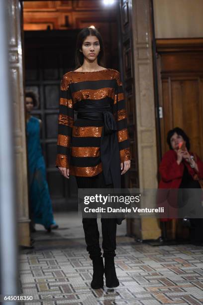 Model walks the runway at the Vionnet show during Milan Fashion Week Fall/Winter 2017/18 on February 24, 2017 in Milan, Italy.