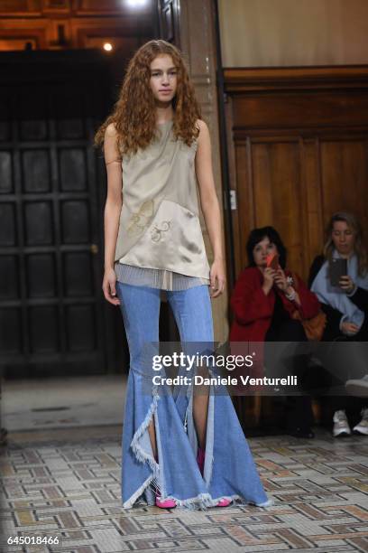 Model walks the runway at the Vionnet show during Milan Fashion Week Fall/Winter 2017/18 on February 24, 2017 in Milan, Italy.