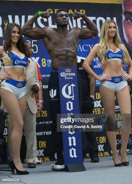 Boxer Izuagbe Ugonoh weighs-in for his heavyweight fight with Dominic Breazeale at BJCC on February 24, 2017 in Birmingham, Alabama.