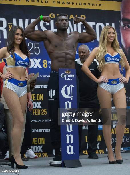 Boxer Izuagbe Ugonoh weighs-in for his heavyweight fight with Dominic Breazeale at BJCC on February 24, 2017 in Birmingham, Alabama.