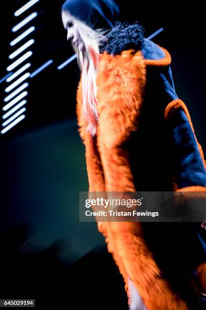 Model walks the runway at the Versace show during Milan Fashion Week Fall/Winter 2017/18 on February 24, 2017 in Milan, Italy.