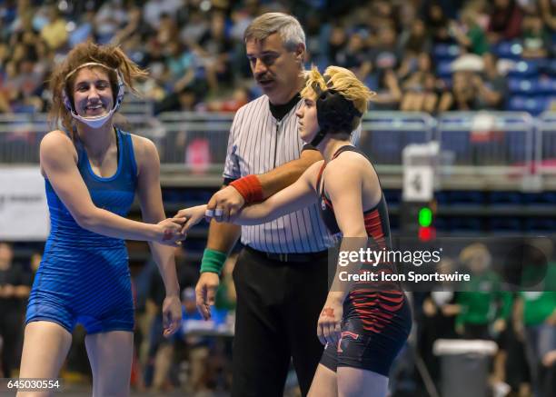 Trinity junior Mack Beggs defeated Clear Springs senior Taylor Latham in the 6A Girls 110 Weight Class match to advance to the next round during the...