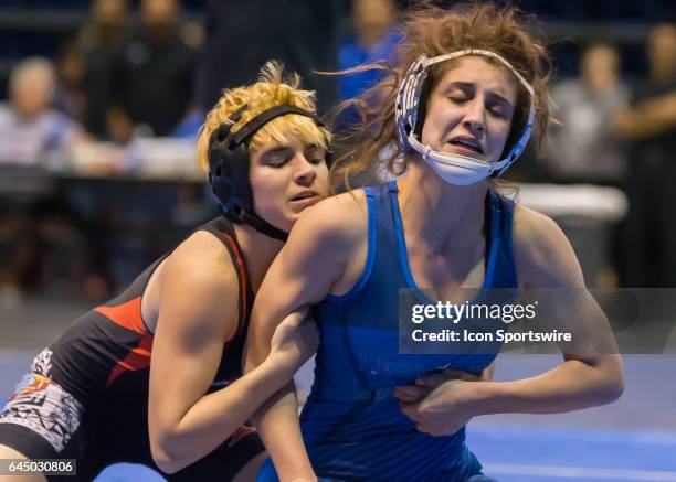 Trinity junior Mack Beggs wrestles Clear Springs senior Taylor Latham in the 6A Girls 110 Weight Class match during the Texas Wrestling State...