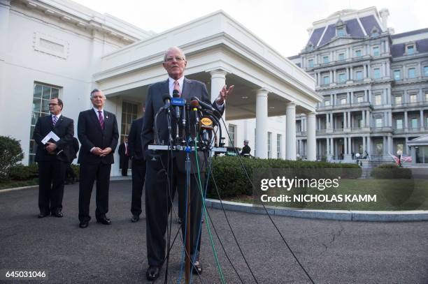 Peruvian President Pedro Pablo Kuczynski speaks to the press outside the West Wing of the White House following a meeting with US President Donald...