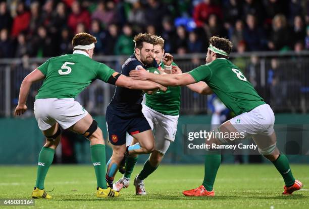 Leinster , Ireland - 24 February 2017; Arthur Retiere of France is tackled by Oisin Dowling, left, and Caelan Doris of Ireland during the RBS U20 Six...