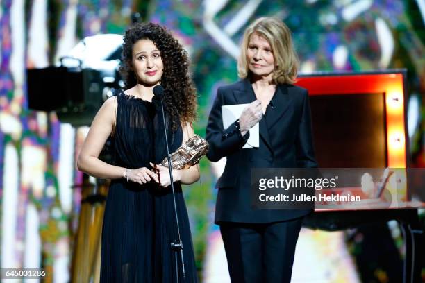 Oulaya Amamra receives the Cesar of the best promising actress in 'Divines' during the Cesar Film Awards Ceremony at Salle Pleyel on February 24,...