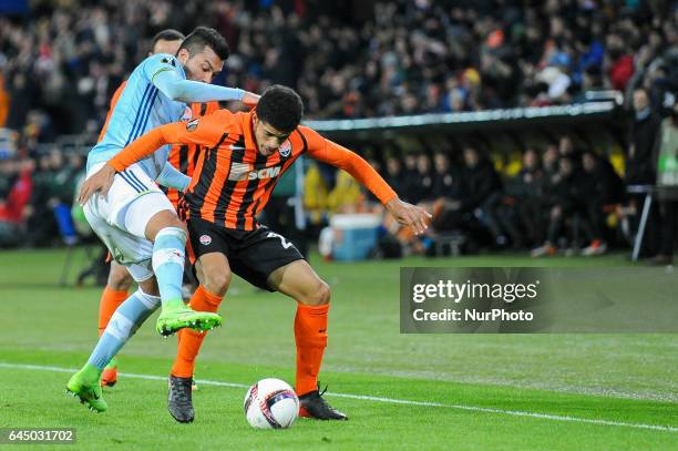 Taison is blocking the ball duirng Europa League Round of 32 reverse match between Shakhtar and Celta at Metalist Stadium on February 23, 2017 in...