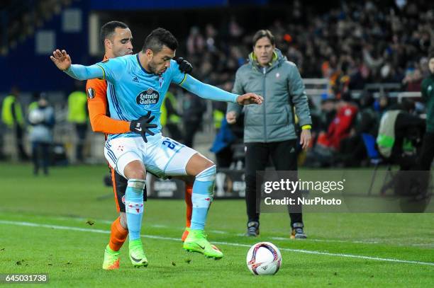 Gustavo Cabral is blocking the ball during the Europa League Round of 32 reverse match between Shakhtar and Celta at Metalist Stadium on February 23,...