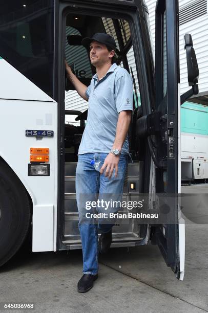 Newly acquired defenseman Ron Hainsey of the Pittsburgh Penguins arrives for practice for the 2017 Coors Light NHL Stadium Series game to be played...