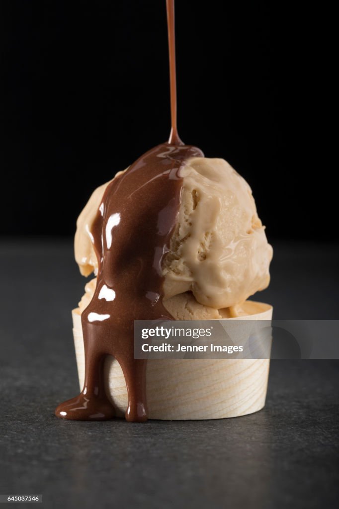 Ice cream with chocolate sauce.