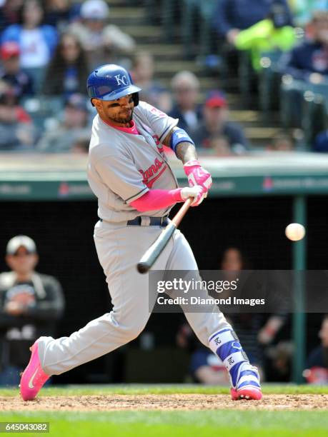 Secondbaseman Christian Colon of the Kansas City Royals bats during a game against the Cleveland Indians on May 8, 2016 at Progressive Field in...