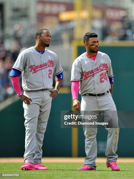 Shortstop Alcides Escobar and secondbaseman Christian Colon of the Kansas City Royals stand on the field before the top of the eighth inning of a...