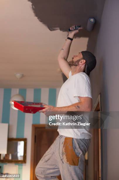 man standing on a ladder to paint the ceiling - painted ceiling stock pictures, royalty-free photos & images