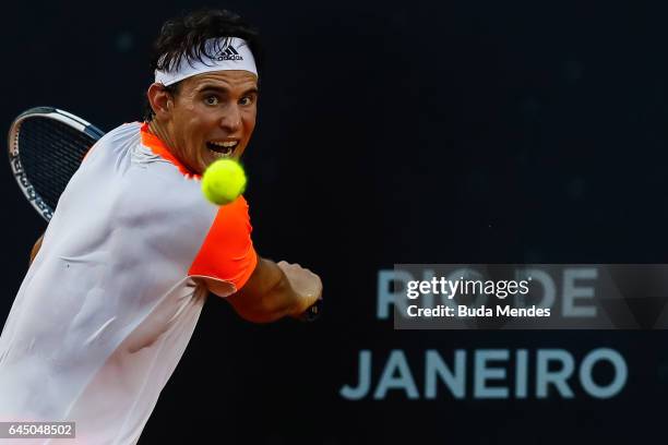 Dominic Thiem of Austria returns a shot to Diego Schwartzman of Argentina during the quarter finals of the ATP Rio Open 2017 at Jockey Club...