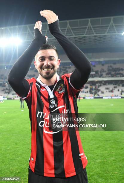 Nice's French forward Mickael Le Bihan celebrates after scoring his team's second goal during the French L1 football match OGC Nice vs Montpellier...